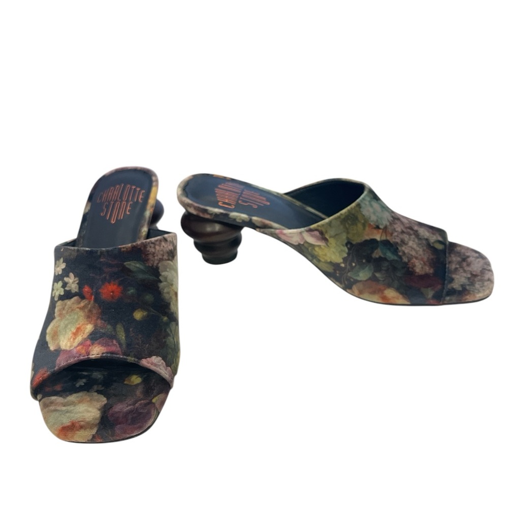 Charlotte Stone Durham Velvet Floral Slides / Mules w/ Sculptural Wooden Heels